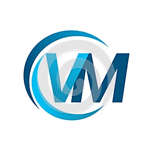 initial letter VM logotype company name blue circle and swoosh design. vector logo for business and company identity