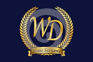 Initial letter W and D, WD monogram logo design with laurel wreath. Luxury golden calligraphy font