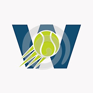 Initial Letter W Tennis Logo Concept With Moving Tennis Ball Icon. Tennis Sports Logotype Symbol Vector Template