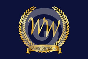 Initial letter W and W, WW monogram logo design with laurel wreath. Luxury golden calligraphy font