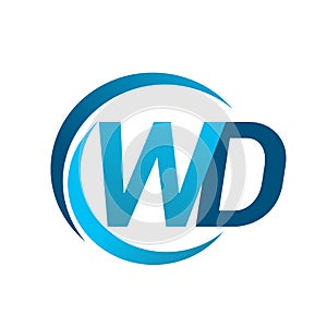 initial letter WD logotype company name blue circle and swoosh design. vector logo for business and company identity