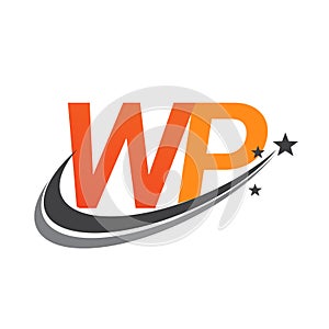 initial letter WP logotype company name colored orange and grey swoosh star design. vector logo for business and company identity photo