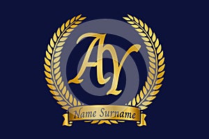 Initial letter A and Y, AY monogram logo design with laurel wreath. Luxury golden calligraphy font