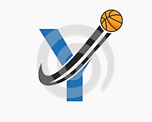 Initial Letter Y Basketball Logo Concept With Moving Basketball Icon. Basket Ball Logotype Symbol