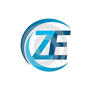 initial letter ZE logotype company name blue circle and swoosh design. vector logo for business and company identity