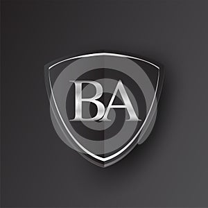 Initial logo letter BA with shield Icon silver color isolated on black background, logotype design for company identity