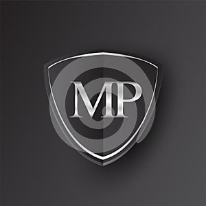 Initial logo letter MP with shield Icon silver color isolated on black background, logotype design for company identity