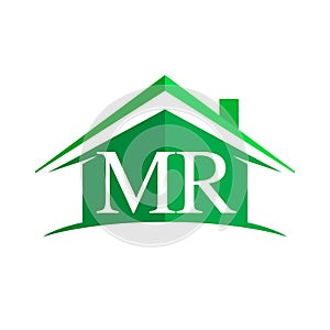 initial logo MR with house icon and green color, business logo and property developer