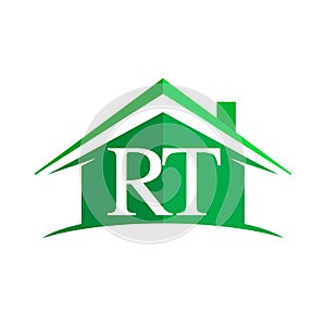 initial logo RT with house icon and green color, business logo and property developer