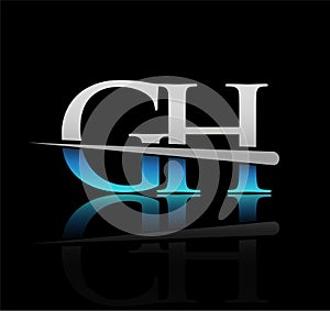 initial logotype letter GH company name colored blue and silver swoosh design. vector logo for business and company. photo