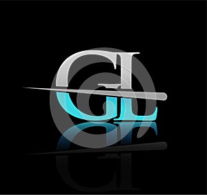 initial logotype letter GL company name colored blue and silver swoosh design. vector logo for business and company.