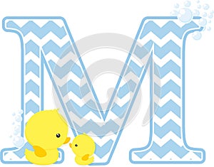 Initial m with bubbles and cute baby rubber duck