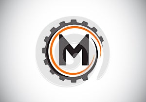 Initial M monogram alphabet in a gear spiral. Gear engineer logo design. Logo for automotive, mechanical, technology, setting,