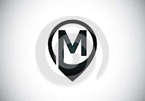 Initial M monogram letter alphabet with location icon pin sign. Font emblem. Navigation map, GPS, direction, place, compass,