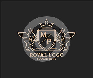 Initial MP Letter Lion Royal Luxury Heraldic,Crest Logo template in vector art for Restaurant, Royalty, Boutique, Cafe, Hotel,