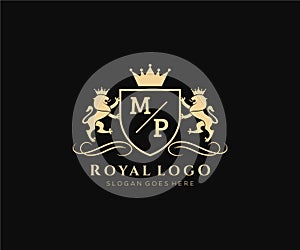 Initial MP Letter Lion Royal Luxury Heraldic,Crest Logo template in vector art for Restaurant, Royalty, Boutique, Cafe, Hotel,