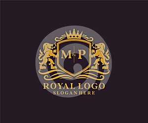Initial MP Letter Lion Royal Luxury Logo template in vector art for Restaurant, Royalty, Boutique, Cafe, Hotel, Heraldic, Jewelry