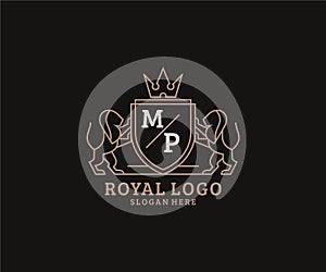 Initial MP Letter Lion Royal Luxury Logo template in vector art for Restaurant, Royalty, Boutique, Cafe, Hotel, Heraldic, Jewelry