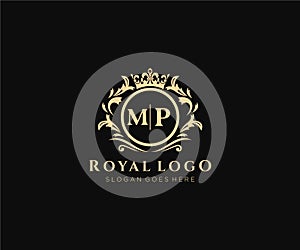 Initial MP Letter Luxurious Brand Logo Template, for Restaurant, Royalty, Boutique, Cafe, Hotel, Heraldic, Jewelry, Fashion and