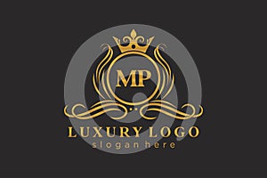 Initial MP Letter Royal Luxury Logo template in vector art for Restaurant, Royalty, Boutique, Cafe, Hotel, Heraldic, Jewelry,