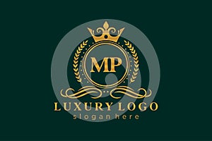 Initial MP Letter Royal Luxury Logo template in vector art for Restaurant, Royalty, Boutique, Cafe, Hotel, Heraldic, Jewelry,