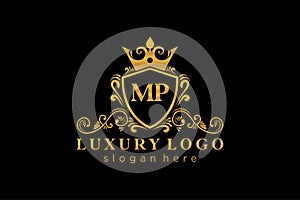 Initial MP Letter Royal Luxury Logo template in vector art for Restaurant, Royalty, Boutique, Cafe, Hotel, Heraldic, Jewelry,