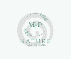 initial MP letters Botanical feminine logo template floral, editable premade monoline logo suitable, Luxury feminine wedding