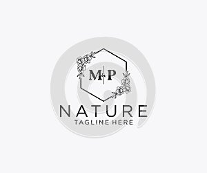 initial MP letters Botanical feminine logo template floral, editable premade monoline logo suitable, Luxury feminine wedding