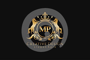 initial MP Retro golden crest with circle and two horses, badge template with scrolls and royal crown - perfect for luxurious