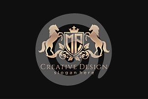 initial MP Retro golden crest with shield and two horses, badge template with scrolls and royal crown - perfect for luxurious