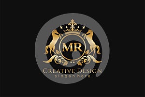 initial MR Retro golden crest with circle and two horses, badge template with scrolls and royal crown - perfect for luxurious