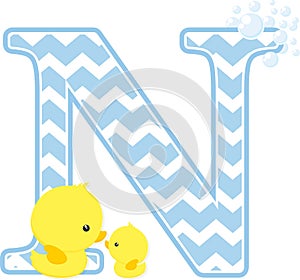 Initial n with bubbles and cute baby rubber duck