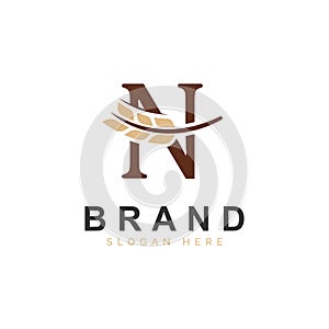 Initial N Letter with Wheat Grain for Bakery, Bread, Logo Design Vector Icon Illustration. photo