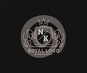 Initial NK Letter Lion Royal Luxury Logo template in vector art for Restaurant, Royalty, Boutique, Cafe, Hotel, Heraldic, Jewelry