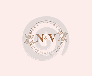 initial NV letters Beautiful floral feminine editable premade monoline logo suitable for spa salon skin hair beauty boutique and