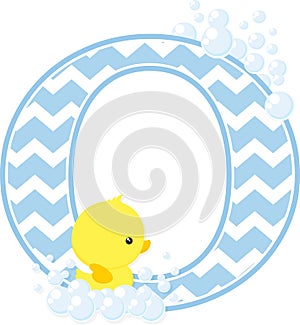 Initial o with bubbles and cute baby rubber duck