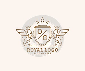 Initial OG Letter Lion Royal Luxury Heraldic,Crest Logo template in vector art for Restaurant, Royalty, Boutique, Cafe, Hotel,