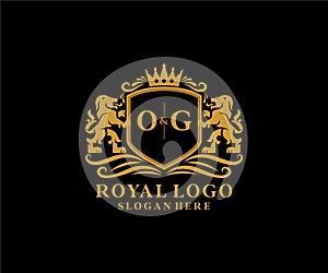 Initial OG Letter Lion Royal Luxury Logo template in vector art for Restaurant, Royalty, Boutique, Cafe, Hotel, Heraldic, Jewelry