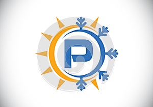 Initial P monogram alphabet with abstract sun and snow. Air conditioner logo sign symbol. Hot and cold symbol. Modern vector logo