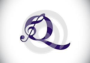 Initial Q monogram alphabet with a musical note. Symphony or melody signs. Musical sign symbol. Font emblem. Modern vector logo