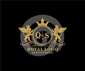 Initial QS Letter Lion Royal Luxury Heraldic,Crest Logo template in vector art for Restaurant, Royalty, Boutique, Cafe, Hotel,