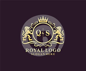 Initial QS Letter Lion Royal Luxury Logo template in vector art for Restaurant, Royalty, Boutique, Cafe, Hotel, Heraldic, Jewelry