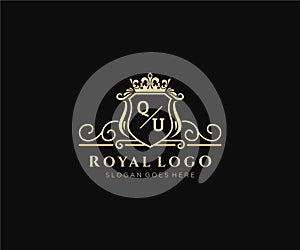 Initial QU Letter Luxurious Brand Logo Template, for Restaurant, Royalty, Boutique, Cafe, Hotel, Heraldic, Jewelry, Fashion and