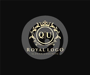 Initial QU Letter Luxurious Brand Logo Template, for Restaurant, Royalty, Boutique, Cafe, Hotel, Heraldic, Jewelry, Fashion and