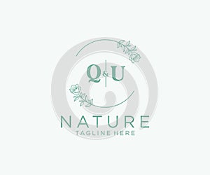 initial QU letters Botanical feminine logo template floral, editable premade monoline logo suitable, Luxury feminine wedding