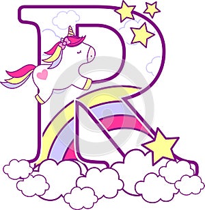 Initial r with cute unicorn and rainbow