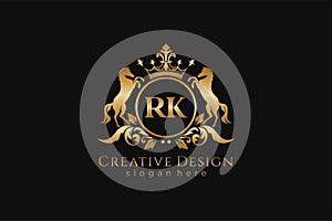 initial RK Retro golden crest with circle and two horses, badge template with scrolls and royal crown - perfect for luxurious