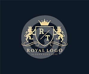 Initial RT Letter Lion Royal Luxury Heraldic,Crest Logo template in vector art for Restaurant, Royalty, Boutique, Cafe, Hotel,