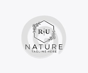 initial RU letters Botanical feminine logo template floral, editable premade monoline logo suitable, Luxury feminine wedding