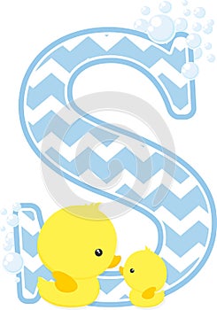 Initial s with bubbles and cute baby rubber duck